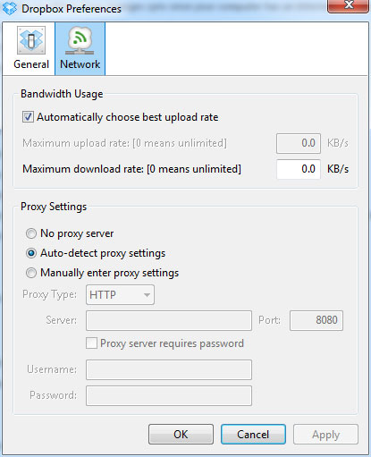 Network Settings for the Drop Box Client.