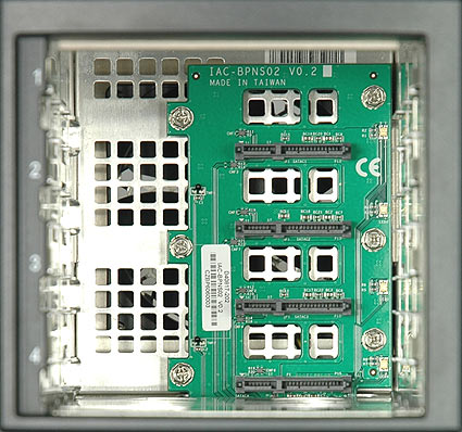 View of backplane with SATA connectors