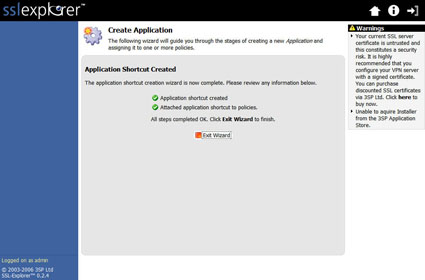  Figure 37: Applications Shortcut creation confirmation screen