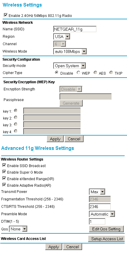 Netgear WGU624 wireless settings
