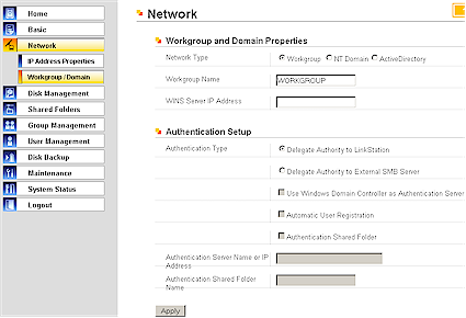 Network Workgroup / Domain screen