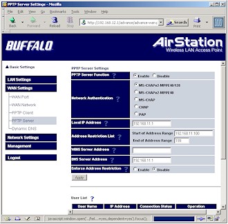 BuffaloTech WZR-RS-G54: PPTP server configuration