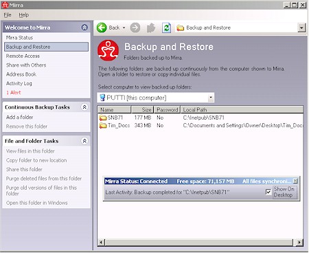Mirra client application backup screen