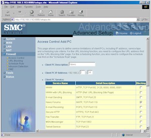 SMC7004VBR: Access Controls screen