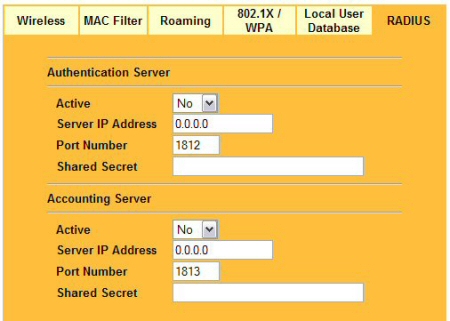 The RADIUS configuration tab - enter the IP of the RADIUS server and the shared secret key