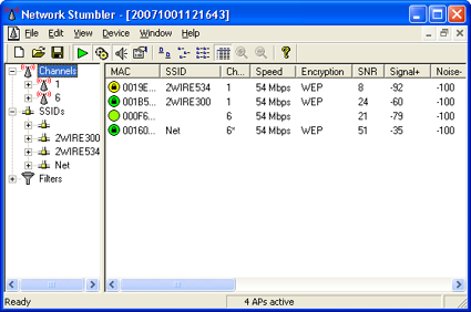 Example of NetStumbler displaying info on nearby wireless networks.