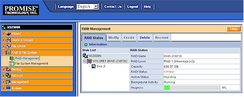 RAID Management screen with pulled drive