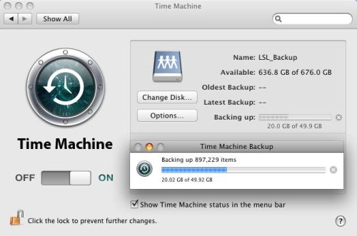 Time Machine backup to the LinkStation Quad in progress