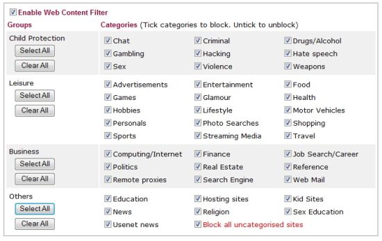 Web content filter categories