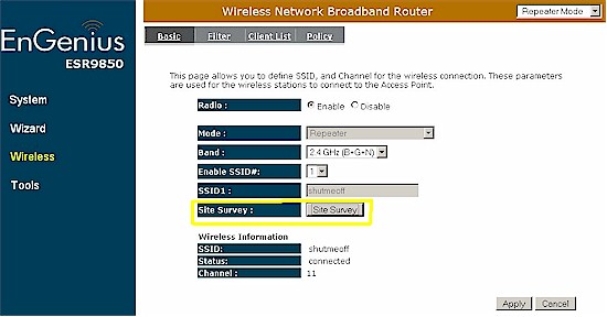 ESR9850 repeater mode wireless settings