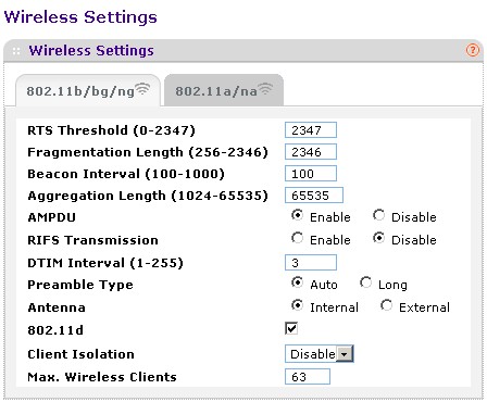 WNDAP350 advanced wireless settings - 2.4 GHz