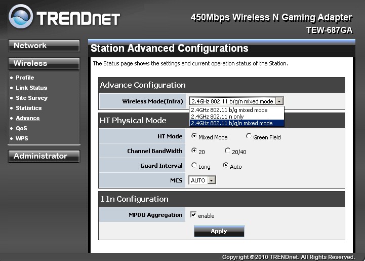 TRENDnet TEW-687GA Advanced Wireless settings