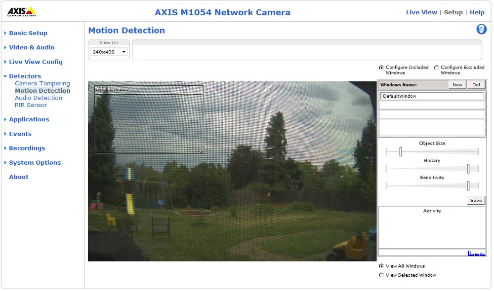 Motion Detection configuration of the AXIS M1054