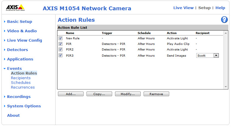 An example set of Action Rules