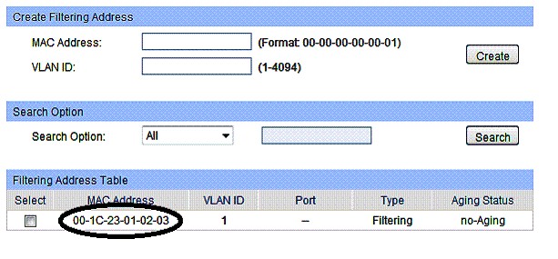 TP-LINK TL-SG2216 MAC address filtering