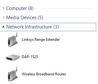 Windows 7 Explorer finds the RE6500 under Network Infrastructure