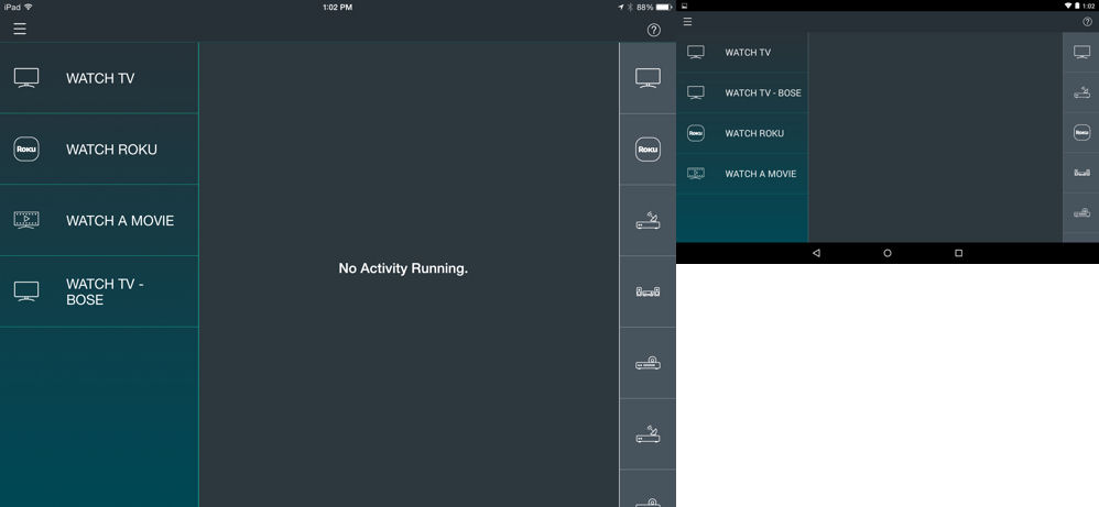 Harmony Home Hub landing page - iPad (left) and Nexus (right)