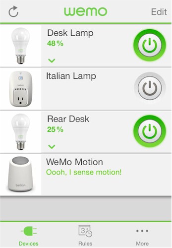Belkin WeMo application landing page (Devices)
