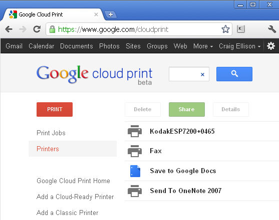 Google cloud print devices associated with my account