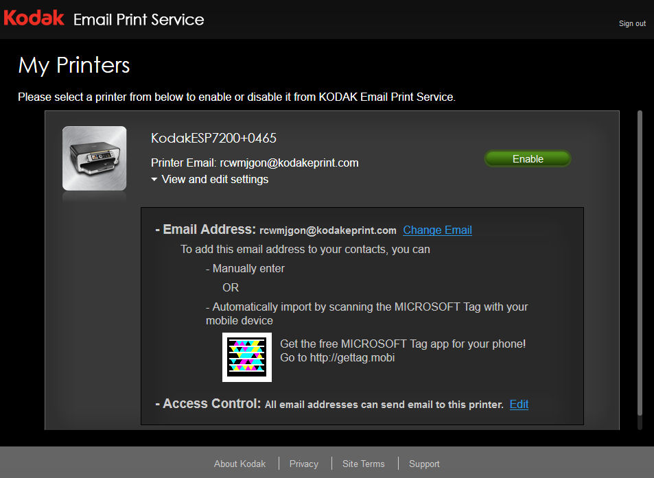 Kodak Email Print Service setup