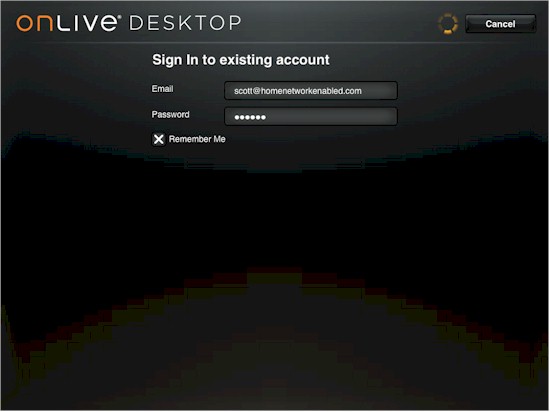 OnLive Desktop login screen