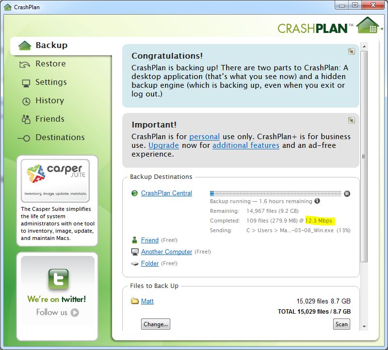 Starting the backup to Crashplan Central is a single button click affair.
