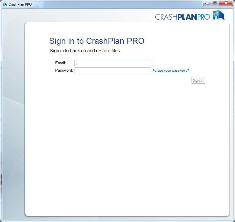 Crashplan PRO client login screen
