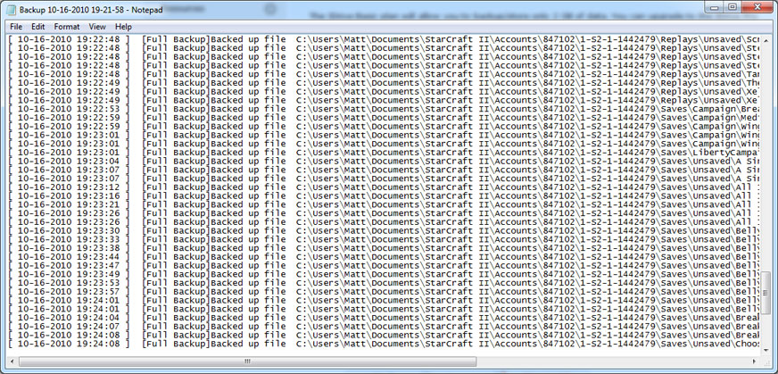 The backup log text file for the most recent backups.