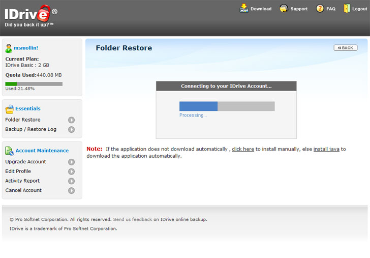 The web interface for restoring folders.
