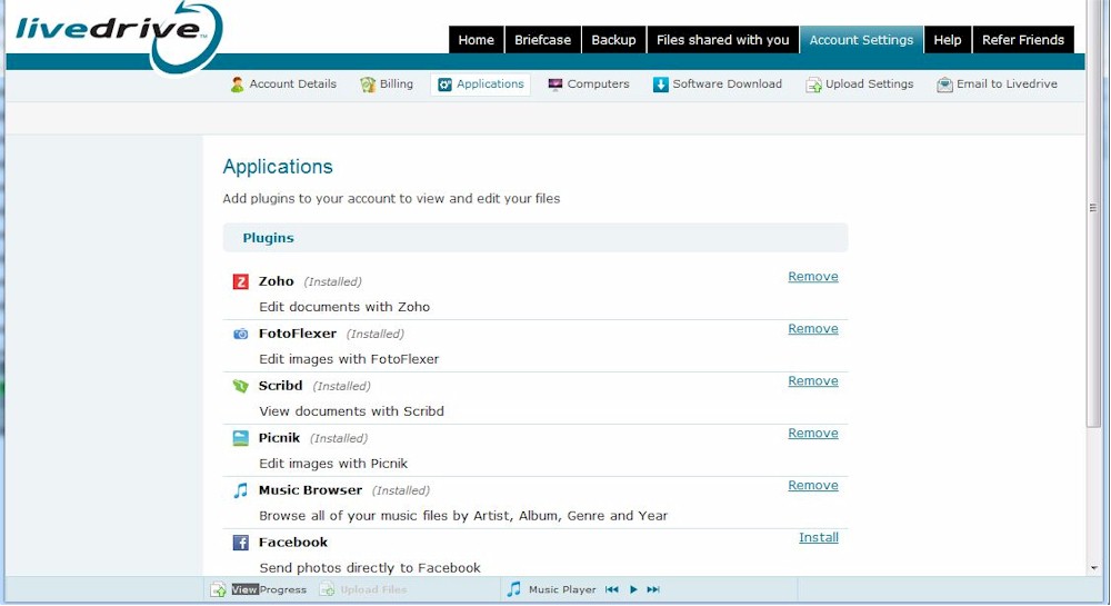 The applications available to LiveDrive users are nice features, and allow you to integrate into Facebook/Flickr and other services.