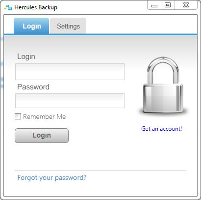 The initial login screen. The settings tab will only enable the app to run on windows bootup.