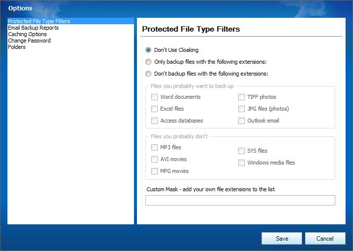 The options screen, which defaults to the Protected File Type Filters. This allows you to include or exclude certain file types.