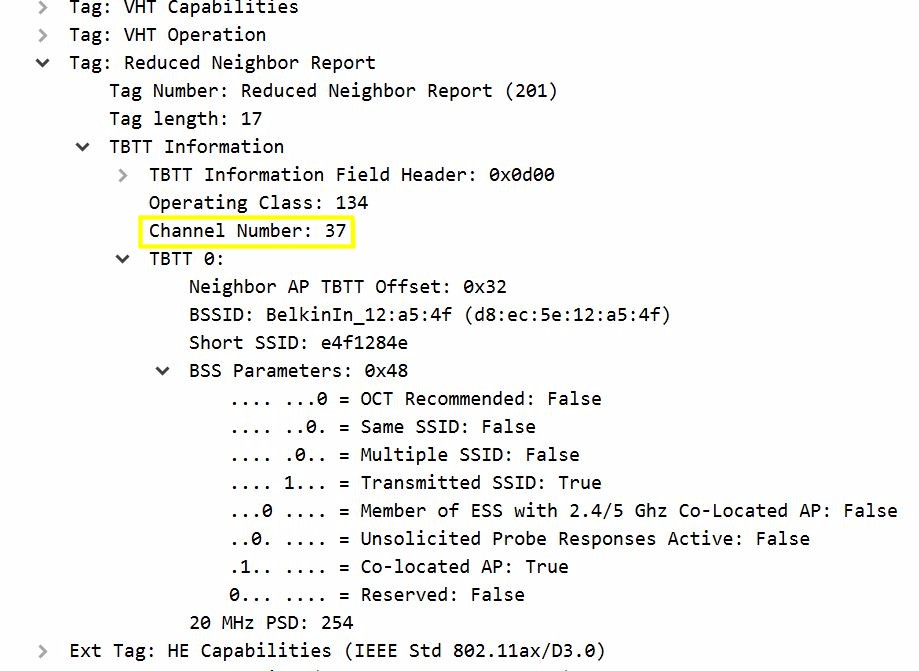 Primary Scanning Channel Reduced Neighor Report (Wireshark capture) title=