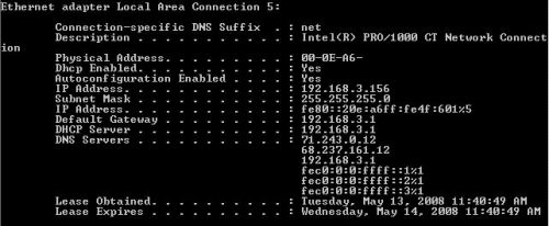 ipconfig / all showing IPv4 and v6 addresses