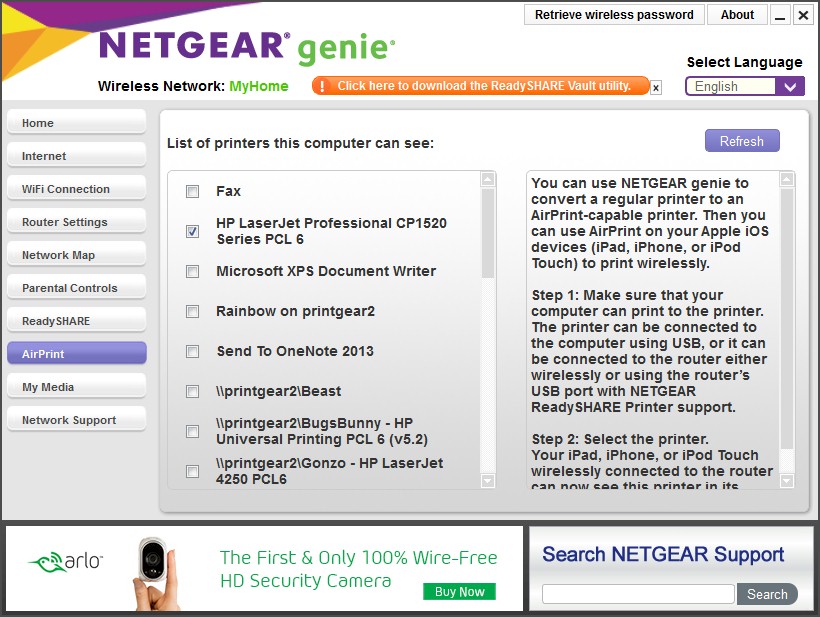 NETGEAR genie AirPrint setup