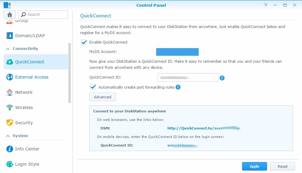 Synology's QuickConnect setup screen, a key component of Cloud Station