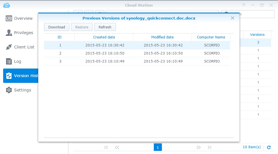 Cloud Station's file version history