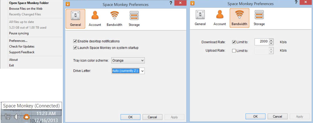Space Monkey system tray icon, menu and preferences