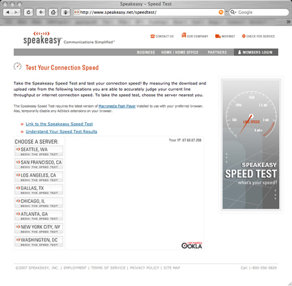 Speakeasy.net's Speed Test Starting Screen