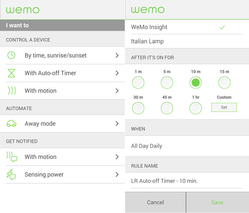 Belkin WeMo Insight Add Rule page (left) and Auto-off Timer configuration (right)