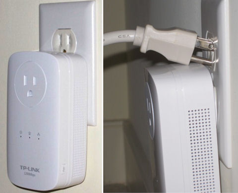 TP-LINK TL-PA8030P plugged in (left) and blocking socket (right)