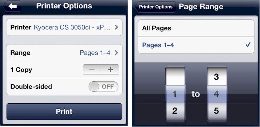 Kyocera CS 3050ci Printer Options and Page Range on iPad