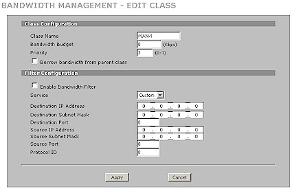 Zywall 2plus Bandwidth Management Class Edit screen