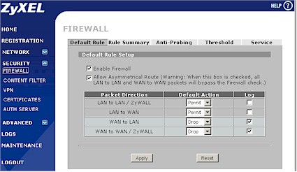 Zywall 2plus Firewall Default Rule screen