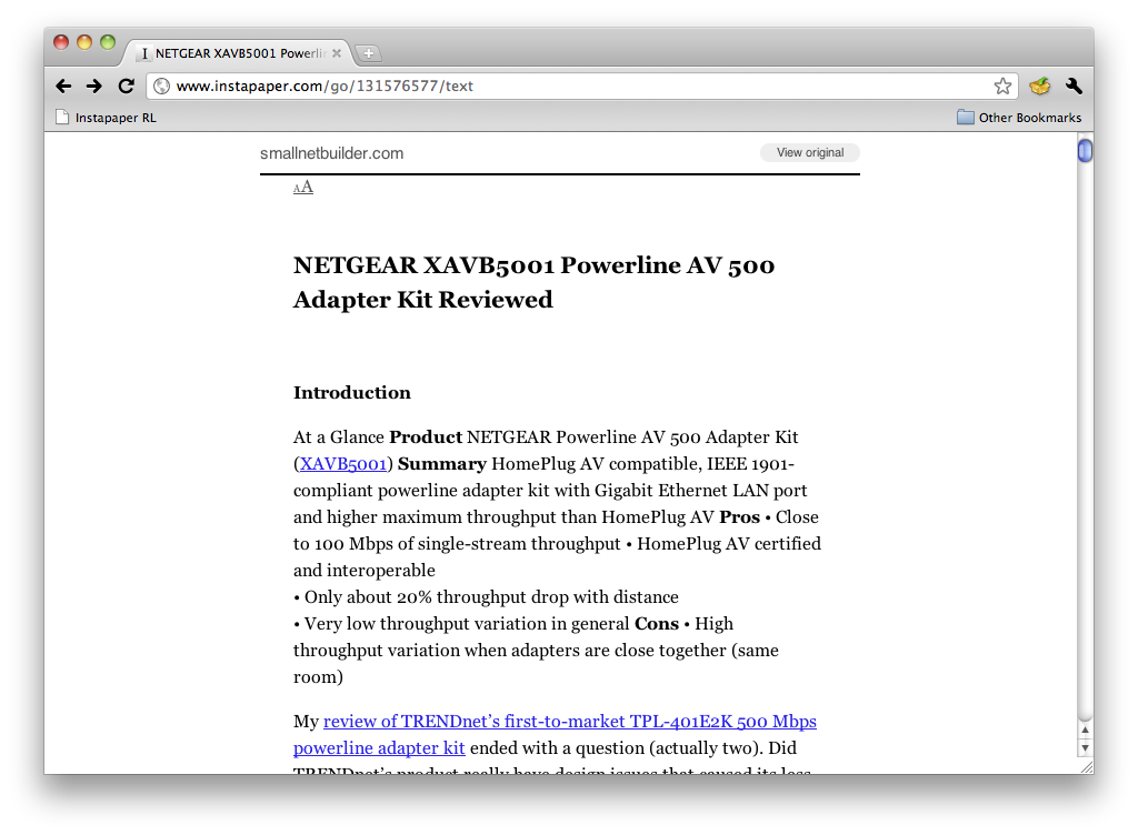 Here is what Tim's SNB article looks like in Instapaper. 