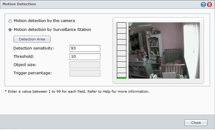 Synology Surveillance Station image showing realtime feedback of motion detection parameters