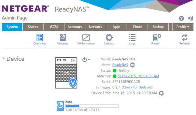ReadyNAS Landing page on my RN104