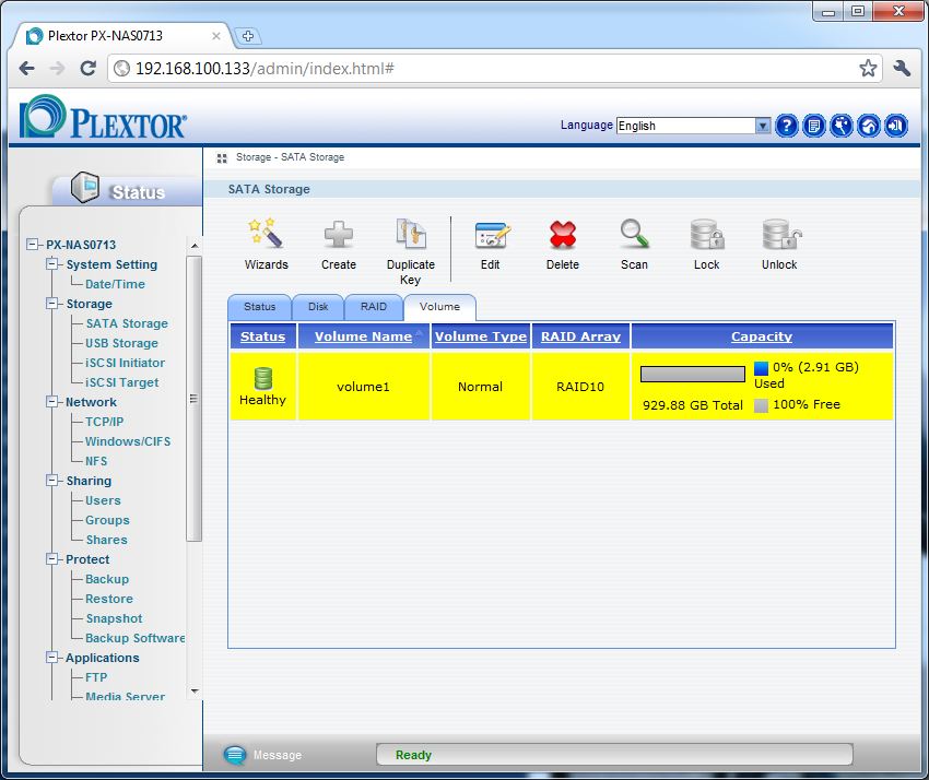 The admin pane for the volumes assigned to a particular RAID.
