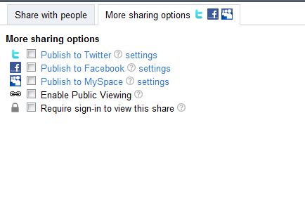 The sharing options tab contains some security settings and the social media sharing options.