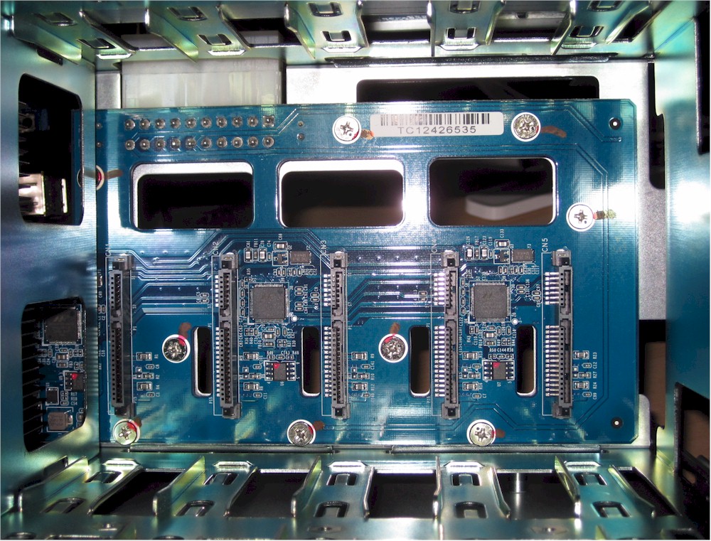 A look at the QNAP TS-569 Pro's backplane with its hot-swappable SATA connectors